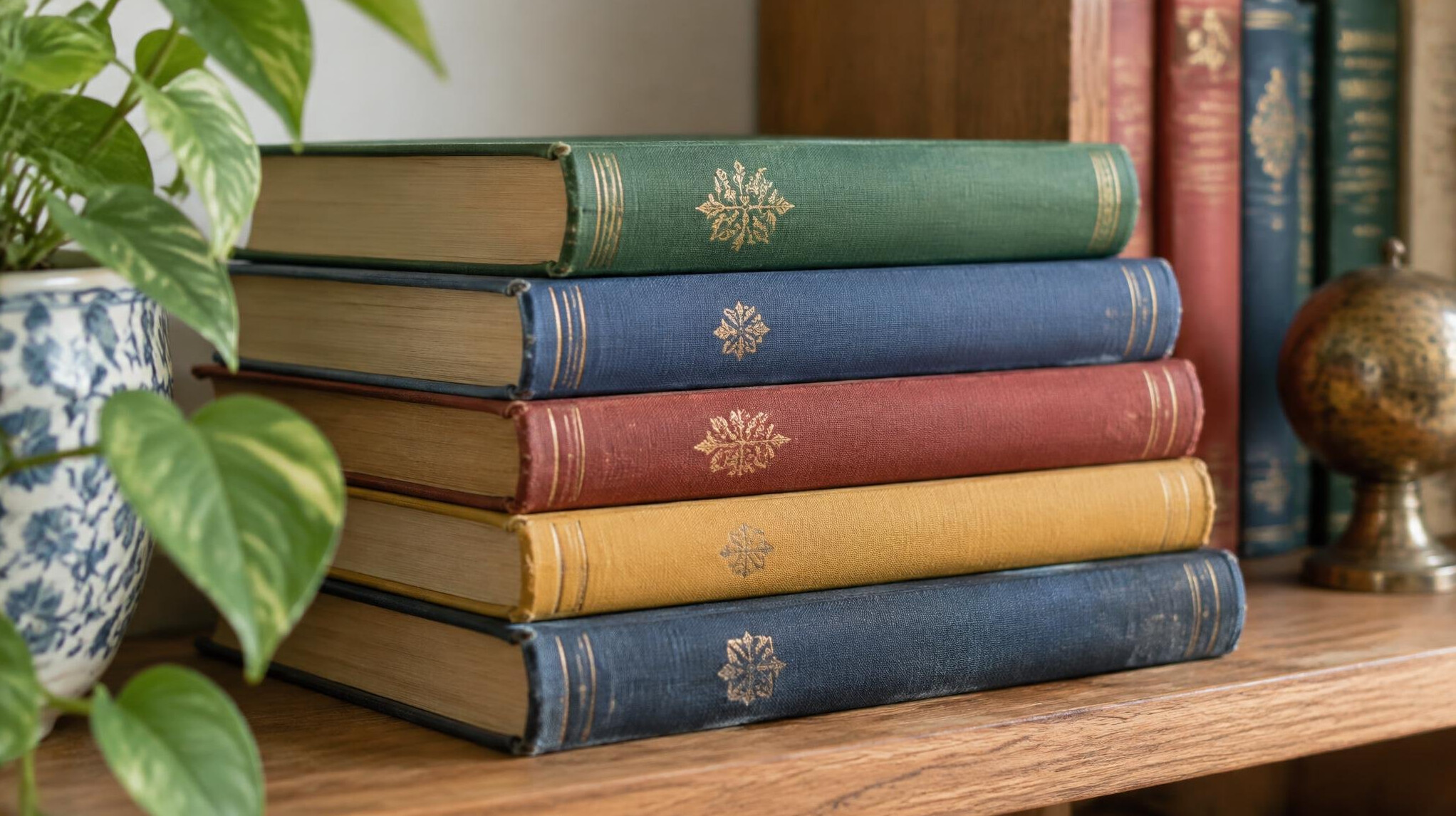 Stack of old books on a shelf
