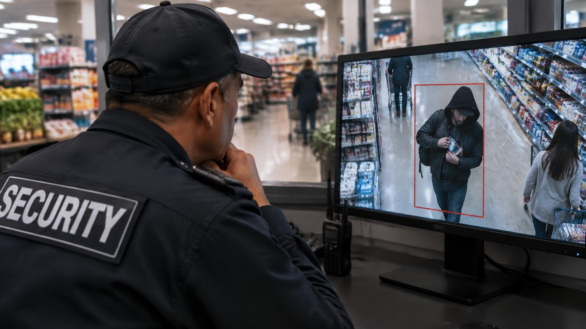 store detective watching security camera