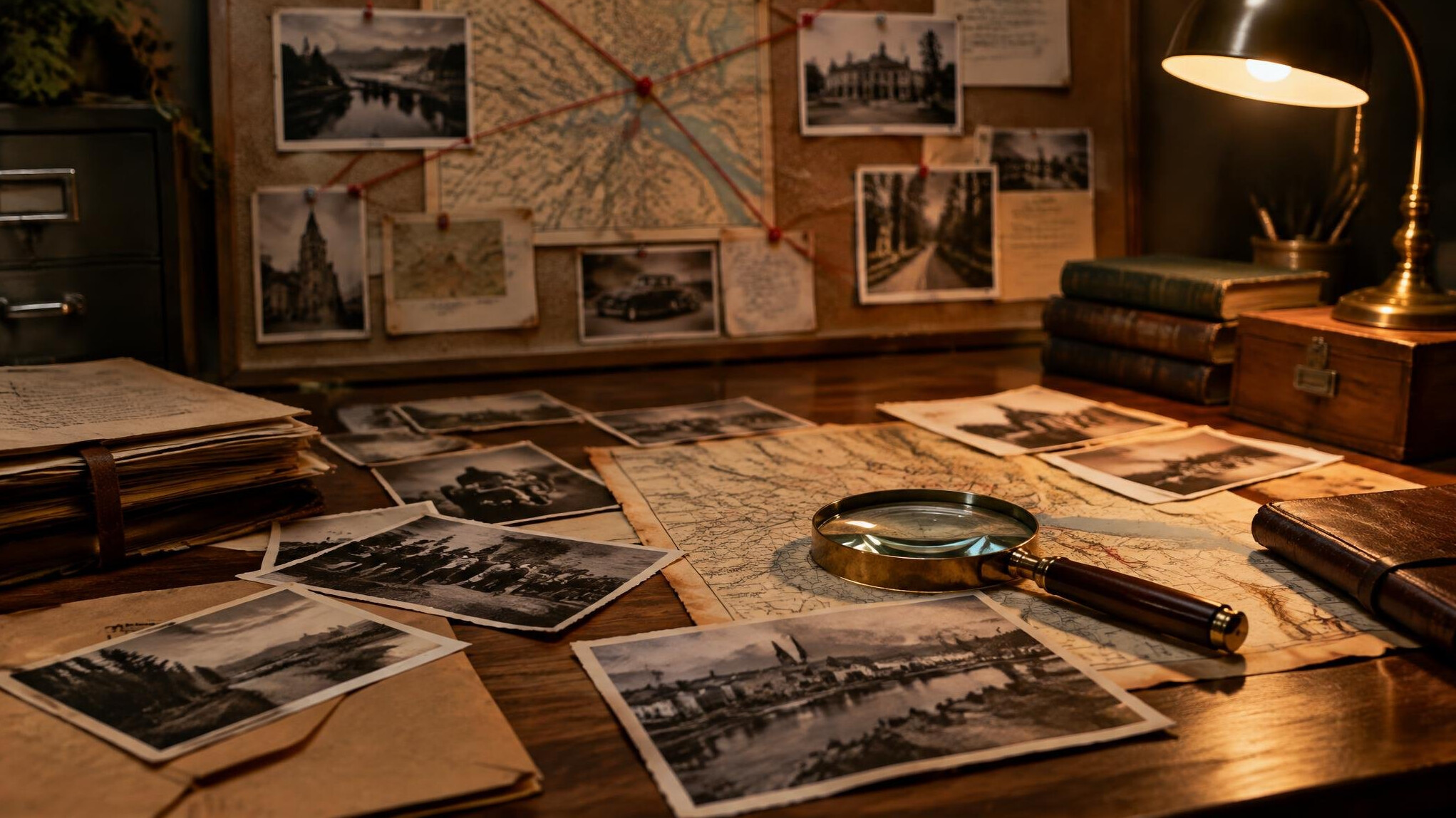 Desk with papers, documents and a magnifying glass