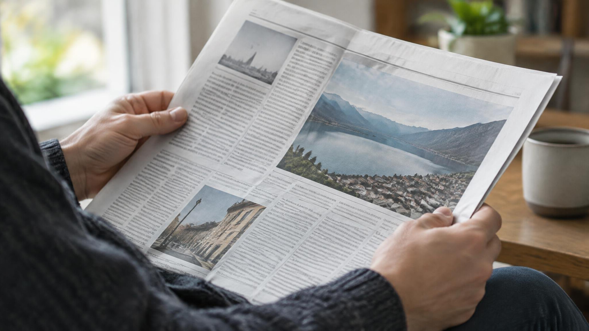 Person reading a printed newspaper