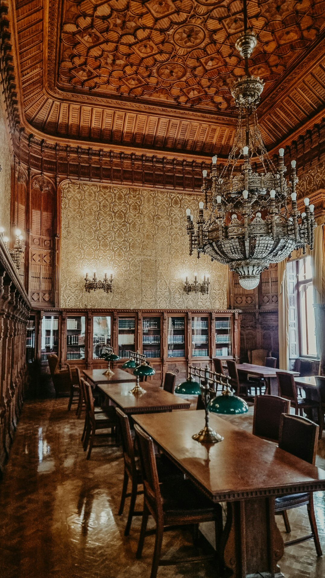 Old library with tall wooden bookshelves