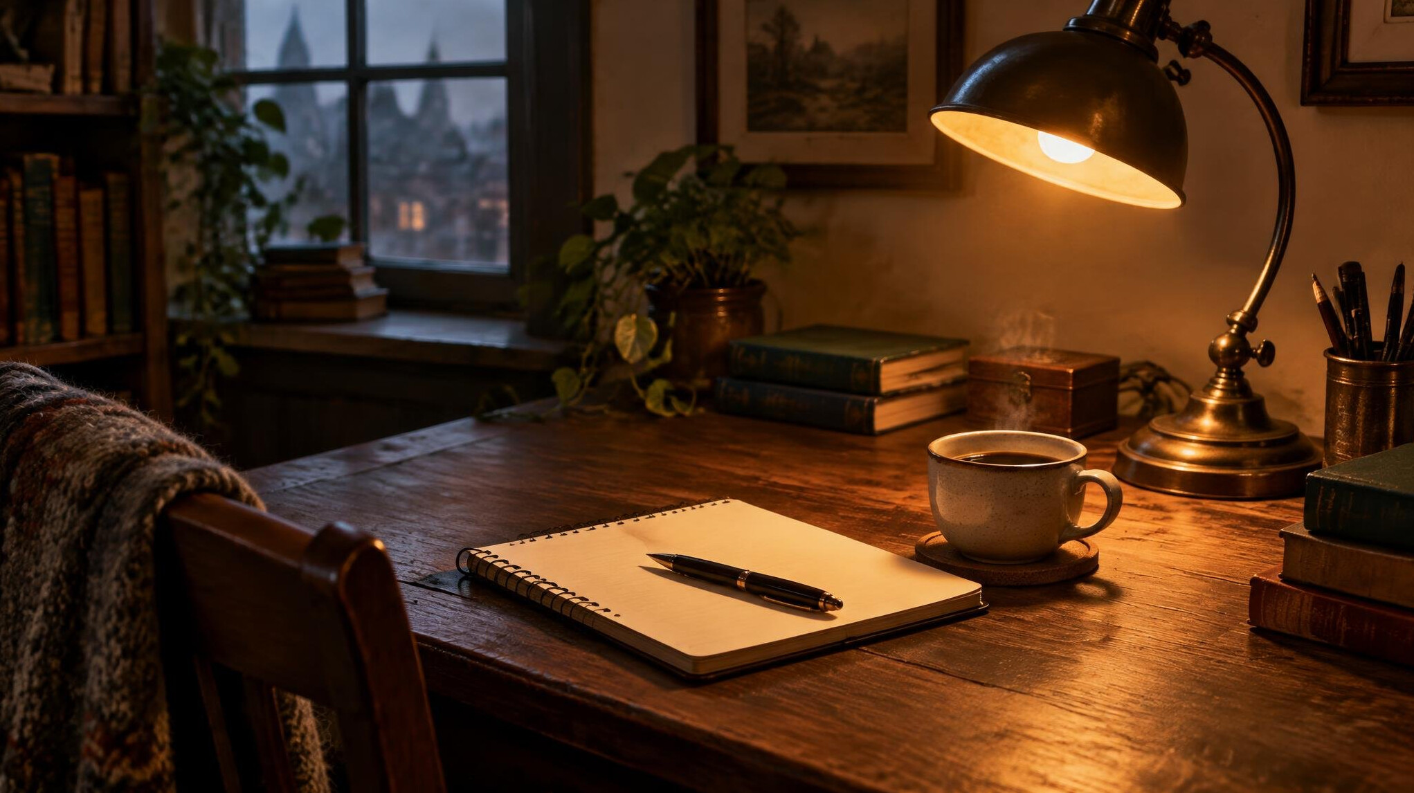 Notebook and pen on a desk with a cup of coffee