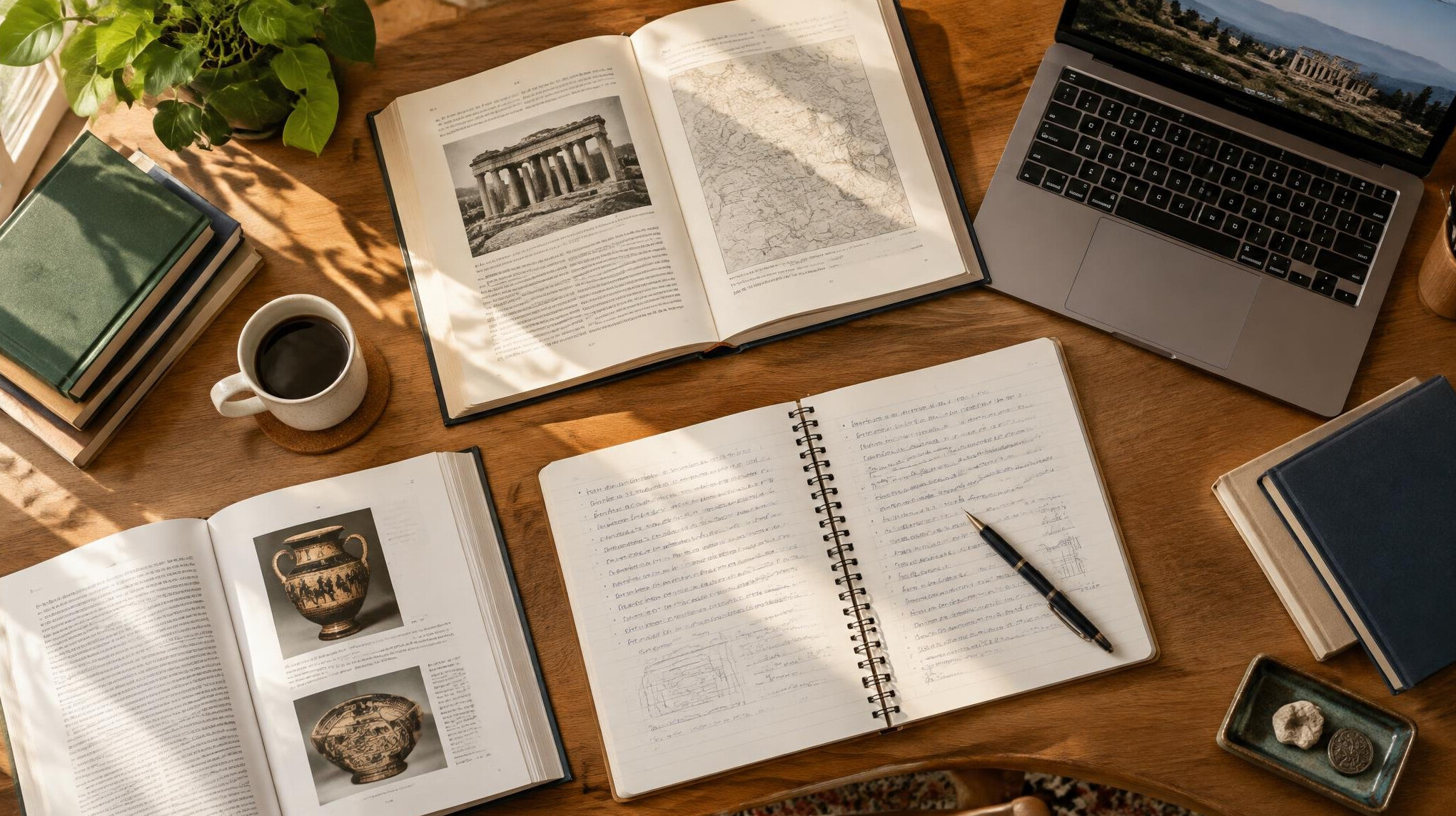 Desk with open books and notes for research